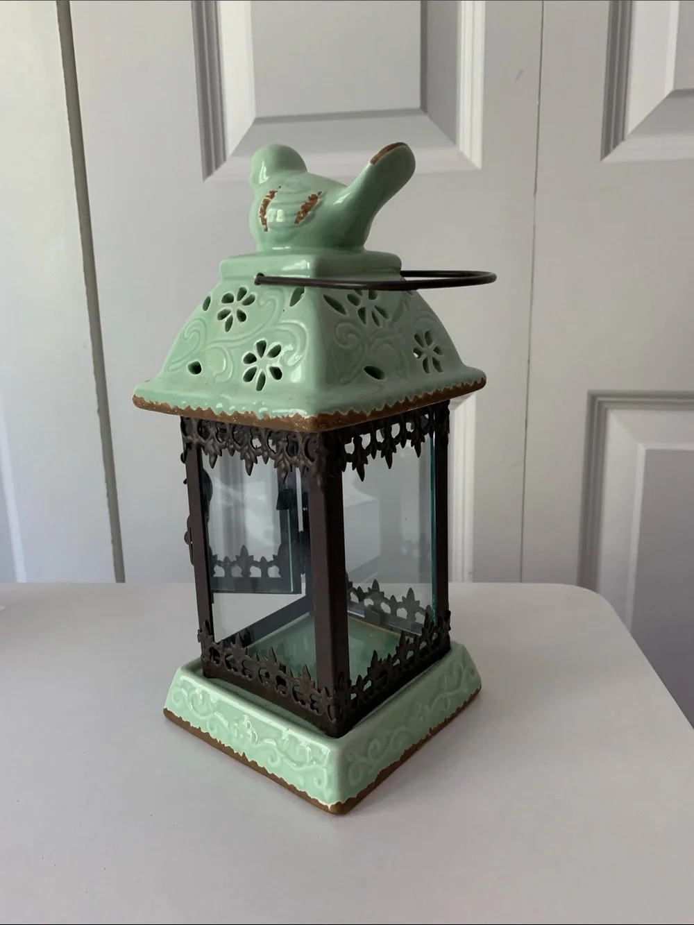 Mint Green Ceramic Bird Lantern - Decorative Home Accent